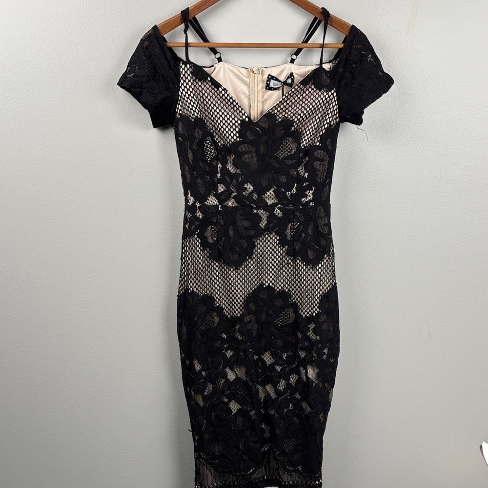 Girl in Mind Black Lace Midi Dress with Nude Lining off-shoulder striking sz 8